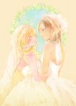  2girls arm_holding bare_shoulders blonde_hair brown_hair christa_renz couple dress flower gown hair_flower hair_ornament looking_at_another multiple_girls orange_background pale_color pink_rose ponytail profile rose shingeki_no_kyojin sleeveless sleeveless_dress smile striped striped_background ukarism veil vertical_stripes wedding wedding_dress white_dress ymir_(shingeki_no_kyojin) yuri 