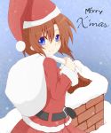  blue_eyes brown_hair chimney christmas hat higurashi_no_naku_koro_ni nemu_(nebusokugimi) ryuuguu_rena sack santa_costume santa_hat skirt snow 