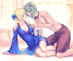 1boy 1girl bed blonde_hair blue_eyes flower garters green_hair hair_flower hair_ornament harukanaru_toki_no_naka_de holding_hands jewelry kiske leaning_forward necklace short_hair topless yellow_eyes