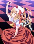  ascot between_legs blonde_hair bow checkered checkered_floor flandre_scarlet flower hand_between_legs hat hat_bow hat_flower highres ina_(artist) kneeling open_mouth red_eyes ribbon saliva saliva_trail short_hair side_ponytail sitting skirt skirt_set solo tongue tongue_out touhou usotsukiya wings 