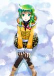  coat green_eyes green_hair gumi hirako looking_up nail_polish pantyhose sitting skirt snow solo vocaloid 