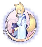  art_nouveau blonde_hair blue_eyes fox_ears fox_tail halftone halftone_background japanese_clothes kitsune_(poko) original poko short_hair tail 