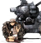  1girl bad_id baseball_cap brown_hair fio_germi glasses gun hat highres metal_slug military military_vehicle rifle solo sv001(metalslug) tank unknown_(artist) v vehicle weapon yellow_eyes 