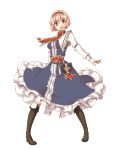  blonde_hair blue_eyes book boots dress frills hairband high_heels highres open_mouth pigeon-toed shoes short_hair smile solo touhou transparent_background uro 