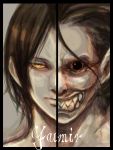  1girl androgynous border character_name dual_persona face highres ine_(namichidori) monster pale_skin shingeki_no_kyojin solo spoilers ymir_(shingeki_no_kyojin) 