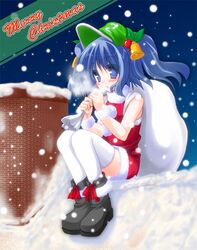  bell blue_eyes blue_hair boots christmas fuji_tooya fuji_toya hair_bobbles hair_ornament hat kawashiro_nitori ribbon sack santa_costume short_hair snow solo thigh-highs thighhighs touhou twintails 