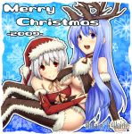  antlers bell blue_hair breasts christmas cleavage fujiwara_no_mokou hat hiroya hiroya_juuren kamishirasawa_keine long_hair multiple_girls red_eyes reindeer santa_costume santa_hat silver_hair thigh-highs thighhighs touhou 