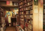  animal_ears apron blue_hair book bookshelf bookstore bunny_ears highres indoors light poster_(object) red_eyes shop sign slippers smile solo tottori 