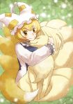  1girl crossover fox_tail hat hug kawasemi_(pocorit) multiple_tails ninetales pokemon pokemon_(creature) short_hair smile tail touhou yakumo_ran yellow_eyes 