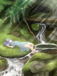  hiyosuke hiyosuke_(ak_love) kawashiro_nitori lying nature no_hat no_headwear on_back river sleeping soaking_feet solo touhou water 
