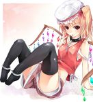  alternate_costume black_legwear blonde_hair blush collar crystal cuffs flandre_scarlet handcuffs hat highres off_shoulder red_eyes short_hair shorts side_ponytail solo thigh-highs thighhighs tongue touhou wakatsuki_you wings 