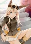  animal_ears blonde_hair blue_eyes goggles goggles_on_head hanna-justina_marseille long_hair looking_at_viewer military military_uniform okatsukisei skirt smile socks solo strike_witches uniform 
