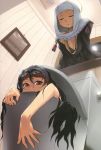  absurdres black_hair black_legwear breasts cleavage closed_eyes cropped eyes_closed from_below goggles goggles_on_head habit highres long_hair looking_at_viewer multiple_girls off_shoulder original picture_frame red_eyes scan sun-3 toilet what 