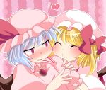  aenobas blonde_hair blue_hair blush bow closed_eyes commentary_request eyes_closed flandre_scarlet hair_bow hammer_(sunset_beach) hat hat_ribbon incipient_kiss multiple_girls open_mouth puffy_sleeves red_eyes remilia_scarlet ribbon short_sleeves siblings side_ponytail sisters sweatdrop touhou wings 