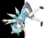  1girl blue_eyes blue_hair cirno ice ice_wings outstretched_arms shoes short_sleeves socks solo touhou upside-down white_legwear wings zx0602 