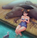  bird black_hair blue_eyes bow breasts cleavage dock feet_in_water hair_bow hands_clasped highres lasterk long_hair looking_at_viewer original school_swimsuit sea_lion seagull sitting smile soaking_feet solo strap_slip swimsuit tan tanline twintails water 