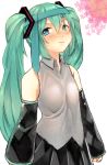  3: aqua_hair blue_eyes blush detached_sleeves hatsune_miku highres long_hair necktie necktie_on_head nikaidou_(muramura69) solo tears vocaloid 