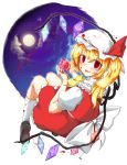  absurdres ascot blonde_hair blood empty_eyes flandre_scarlet full_moon harii harry_(namayake) hat heart_(organ) highres mary_janes moon open_mouth red_eyes shoes short_hair side_ponytail skirt smile solo touhou wings 