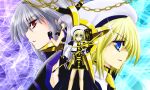  2girls armor bare_shoulders blonde_hair blue_eyes chain chains fighting_stance fingerless_gloves gloves hat leoheart long_hair lyrical_nanoha mahou_shoujo_lyrical_nanoha mahou_shoujo_lyrical_nanoha_a&#039;s mahou_shoujo_lyrical_nanoha_a's multiple_girls red_eyes reinforce schwertkreuz short_hair silver_hair skirt sleeveless tome_of_the_night_sky yagami_hayate 