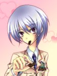  1girl blue_hair chaos;head chocolate heart heart_background kishimoto_ayase looking_at_viewer necktie nishijou_myu purple_eyes school_uniform short_hair solo violet_eyes 