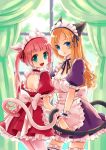  :d absurdres animal_ears aqua_eyes blonde_hair blue_eyes breasts cat_ears cat_tail cleavage curtains highres hisana intertwined_tails long_hair looking_at_viewer multiple_girls open_mouth original pink_hair smile tail thigh_strap twintails window wrist_cuffs 