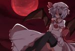  bat_wings black_legwear blood blue_hair fang full_moon hat looking_at_viewer moon red_eyes red_moon remilia_scarlet sakura-no short_hair solo thigh-highs thighhighs touhou wings 