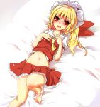  ascot bare_legs barefoot blonde_hair blush bow error fangs flandre_scarlet hands_on_own_chest harii harry_(namayake) hat hat_bow midriff navel on_back on_bed open_mouth panties panties_around_leg panties_around_one_leg red_eyes short_hair side_ponytail skirt skirt_set smile solo touhou underwear white_panties 