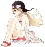  bakemonogatari blonde_hair dress goggles helmet leg_hug mmff06 monogatari_(series) nisemonogatari open_toe_shoes oshino_shinobu yellow_eyes 