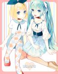  aqua_eyes aqua_hair argyle argyle_legwear blonde_hair character_name fen_renlei hair_ornament hair_ribbon hairclip hatsune_miku kagamine_rin long_hair multiple_girls open_mouth pantyhose ribbon sheer_legwear sitting twintails very_long_hair vocaloid 