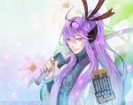 androgynous blue_eyes hair_ornament hair_ribbon kamui_gakupo kirinosuke long_hair ponytail purple_hair ribbon smile solo sword vocaloid weapon 
