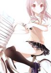  absurdres bicycle bicycle_riding black_legwear blush highres holding kneehighs long_hair original pink_hair pleated_skirt red_eyes scan school_uniform skirt solo thighhighs usotsukiya 