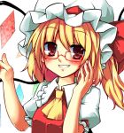  ascot bad_id bespectacled blonde_hair blush bust flandre_scarlet glasses grin harii harry_(namayake) hat red-framed_glasses red_eyes short_hair side_ponytail simple_background smile solo touhou white_background win wings 
