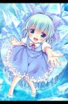  :d barefoot blue_eyes blue_hair blush cirno feet_in_water ice irori letterboxed open_mouth outstretched_arm outstretched_hand short_hair sitting smile soaking_feet solo touhou water 