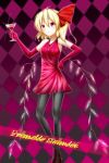  alternate_costume bad_id blonde_hair character_name crystal dress elbow_gloves flandre_scarlet glass gloves hair_ribbon highres jewelry necklace open_mouth red_eyes ribbon shining side_ponytail solo standing touhou wings 