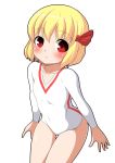  alternate_costume blonde_hair blush bow cheerleader flat_chest hair_bow highres kyokutou_hentai_samurai leotard red_eyes rumia short_hair simple_background smile solo touhou white_background 