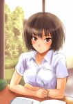  1girl amagami black_hair blush bob_cut book brown_eyes desk dress_shirt expressionless mechanical_pencil murasaki_iro nanasaki_ai pencil shirt short_hair solo tree window 