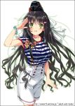  black_hair blush bow green_eyes hair_ornament hairclip hat ishihara_kaori kono_naka_ni_hitori_imouto_ga_iru! long_hair mizuki_makoto open_mouth salute seiyuu_connection shorts solo striped suspenders tsuruma_konoe very_long_hair 