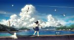  amemura_(caramelo) barefoot bird black_hair blurry cloud clouds condensation_trail depth_of_field holding holding_shoes island lighthouse long_hair ocean original pier scenery school_uniform seagull serafuku shoes_removed skirt sky solo walking water wind 