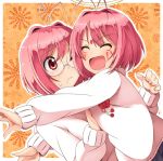  antenna_hair apollo_(kaminomi) blush bob_cut dual_persona facial_mark forehead_mark glasses goddess halo happy hug kami_nomi_zo_shiru_sekai multiple_girls nakagawa_kanon pink_eyes pink_hair rimless_glasses short_hair soto_miyako sweater 