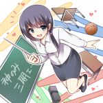  bare_legs basketball black_hair blue_eyes chair chalkboard female heart kamekichi_(kamekiti) kami_nomi_zo_shiru_sekai long_hair miniskirt nagase_jun pointer school_desk scrunchie side_ponytail skirt smile solo teacher 