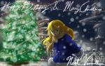  1girl 4rcher arms_behind_back blazblue blonde_hair character_name christmas_tree coat green_eyes happy_birthday highres long_hair merry_christmas mittens noel_vermillion scarf snow snowing winter_clothes winter_coat 