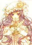  book bow bust colored_pencil_(medium) crescent eyelashes hair_bow hat jewelry lips long_hair looking_at_viewer patchouli_knowledge purple_eyes quill ribbon shiratama_(mofutto) solo star touhou traditional_media very_long_hair violet_eyes 