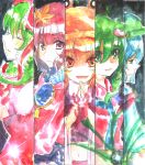  blue_hair bow closed_eyes eyes_closed frills frog_hair_ornament front_ponytail green_eyes green_hair hair_bow hair_ornament hair_ribbon hands_together hat kagiyama_hina kawashiro_nitori kochiya_sanae kurekore light_smile long_hair looking_at_viewer mirror moriya_suwako mountain_of_faith open_mouth orange_eyes purple_eyes purple_hair ribbon short_sleeves smile touhou traditional_media violet_eyes watercolor_(medium) yasaka_kanako 