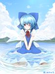 ahoge blue_hair blush bow cirno detached_wings hachachi hair_bow highres ice ice_wings partially_submerged puffy_sleeves short_hair short_sleeves smile solo touhou water wings wink 