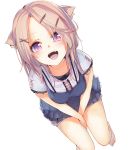  animal_ears barefoot cat_ears fang from_above hair_ornament hairpin la-na looking_at_viewer open_mouth original pink_eyes pink_hair short_hair short_sleeves solo white_background 