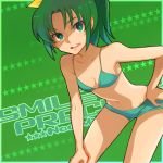  bare_shoulders bent_over bikini bow green_background green_hair hair_bow hand_on_hip looking_at_viewer midorikawa_nao navel open_mouth ponytail precure saikachi smile_precure! solo star swimsuit 
