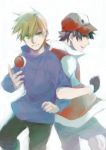  2boys bangs baseball_cap black_hair brown_hair fingerless_gloves gloves hat holding holding_poke_ball ichiko365 jewelry multiple_boys necklace ookido_green poke_ball pokemon pokemon_(game) pokemon_red_and_green pokemon_rgby red_(pokemon) red_(pokemon)_(classic) short_hair 