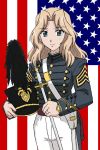  american_flag crapgame girls_und_panzer hat kay_(girls_und_panzer) military military_uniform plume school_uniform smile sword uniform watch watch weapon 