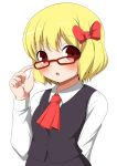  :o adjusting_glasses ascot bespectacled blonde_hair blush bow bust fang glasses hair_bow highres kyokutou_hentai_samurai open_mouth red-framed_glasses red_eyes rumia short_hair simple_background solo touhou white_background 
