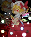  ascot blonde_hair bow crystal flandre_scarlet hat hat_bow highres laevatein open_mouth puffy_sleeves red_eyes short_hair short_sleeves side_ponytail solo touhou wings 